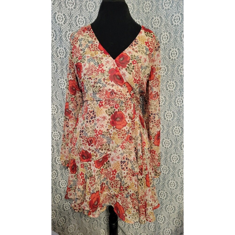 Altard State Mirella Red Floral Boho Tiered Ruffle Dress Women's M Chiffon